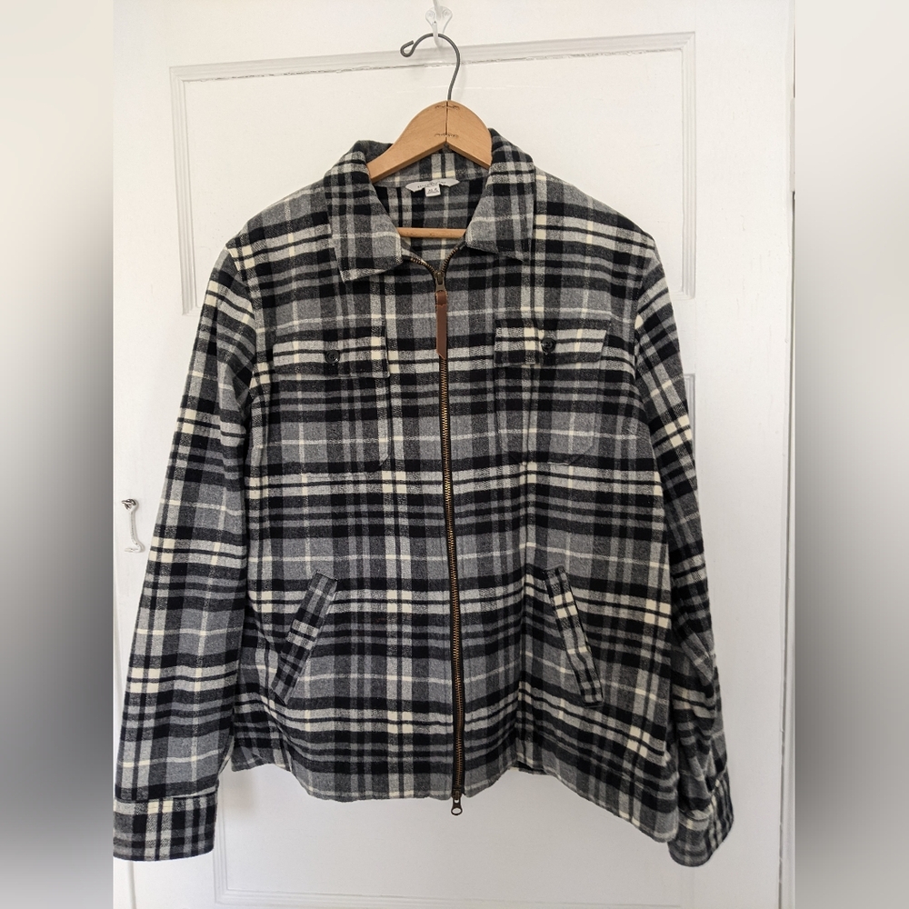 LL BEAN Black & Gray Plaid Zip-Front Jacket XL Archive 100% Cotton